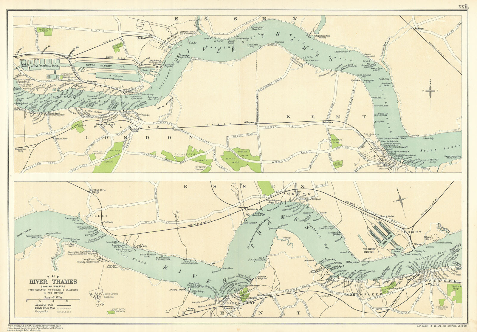 PORT OF LONDON. Wharves/docks. Thames Woolwich-Tilbury/Gravesend. BACON 1919 map